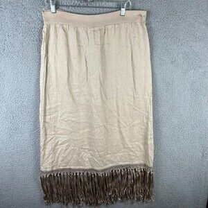 Chico's Skirt Womens 1 Tan Midi 100% Linen A Line Pull On Tassels Boho